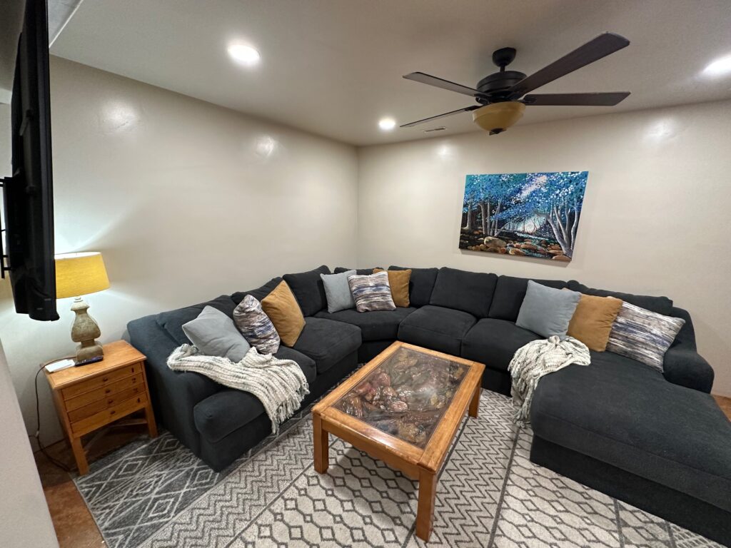 Modern living room in a rustic cabin in Dutch John, Utah.