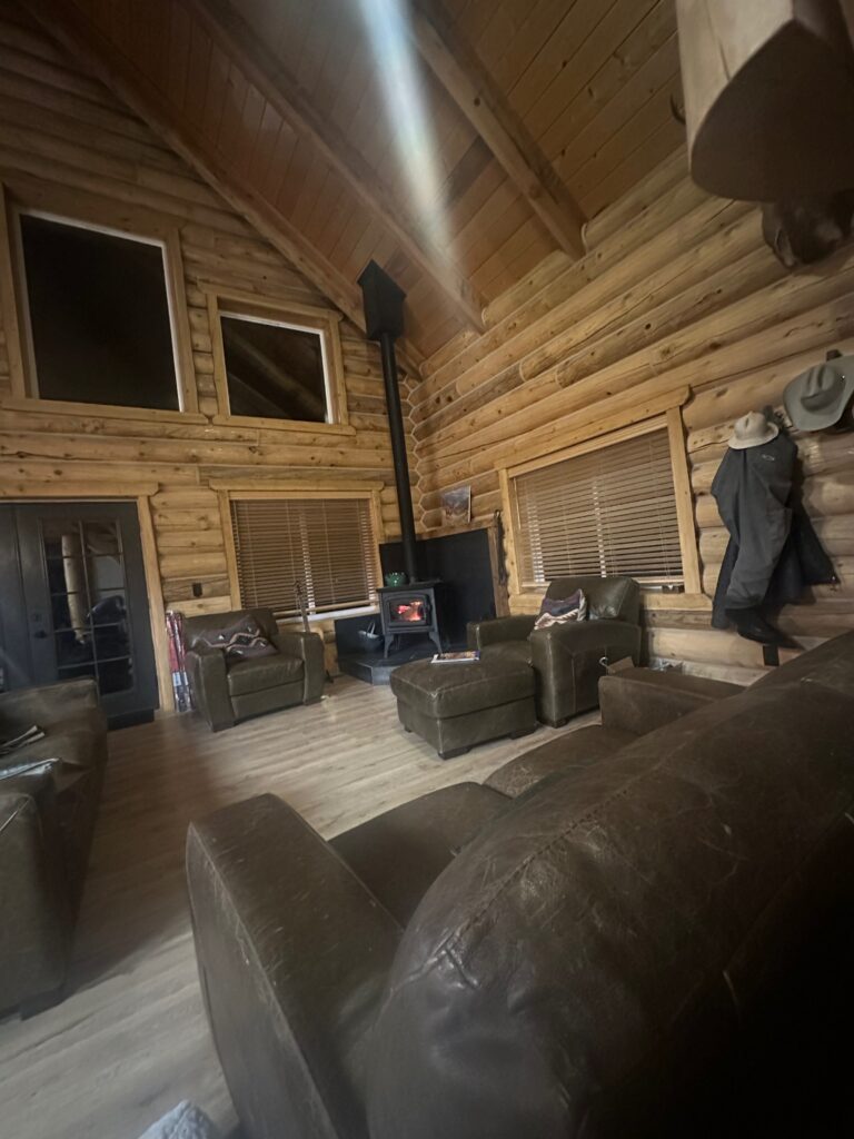 Living area with a fireplace in a Dutch John cabin, ideal for relaxing after outdoor activities.