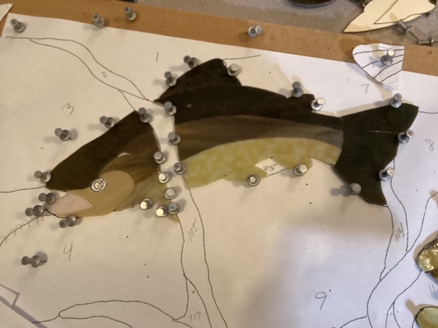 Brown trout panel partially assembled, close-up.